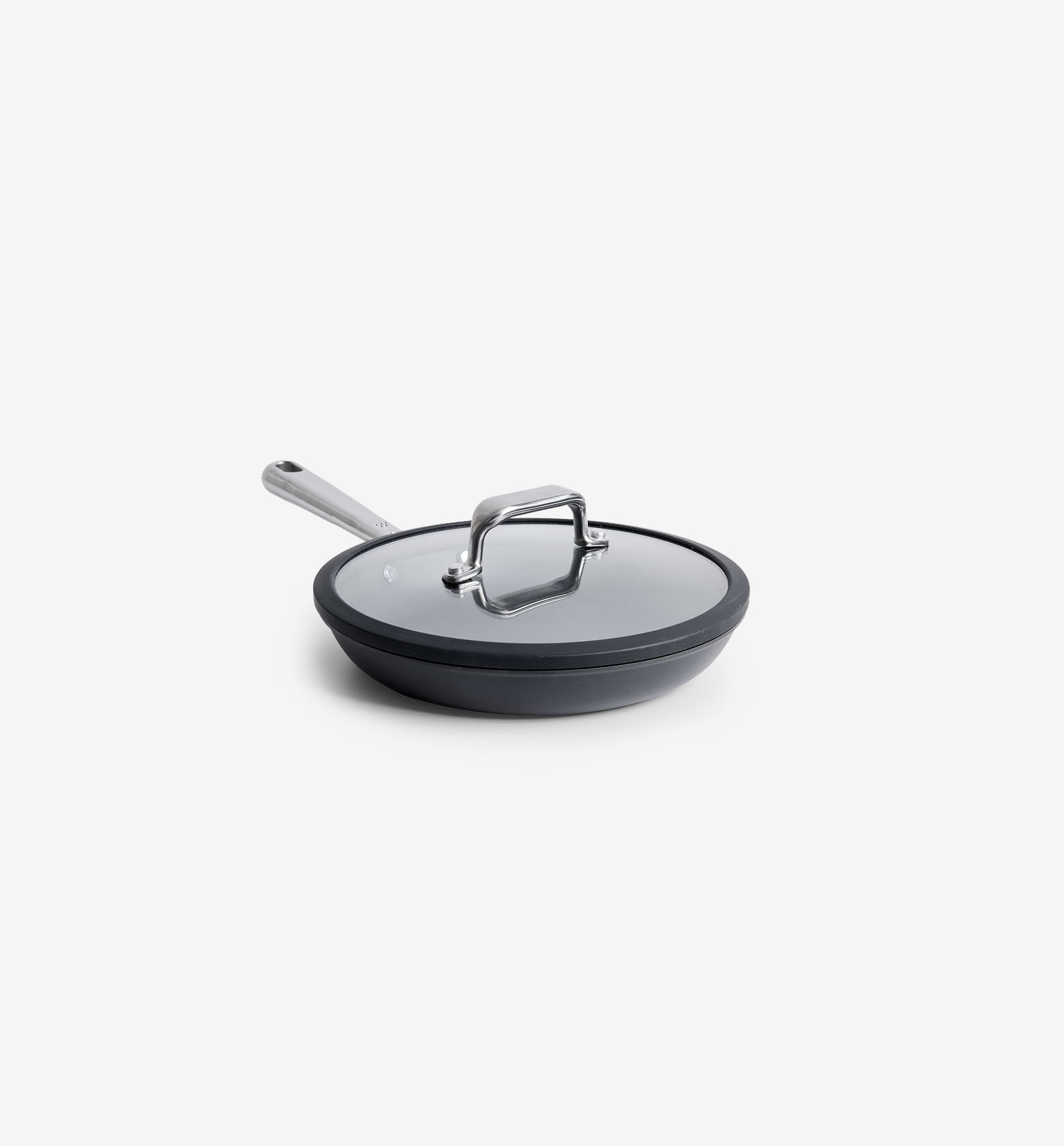 Hard-anodized nonstick frying pan with glass lid and stainless steel handle