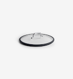 Clear glass pan lid with stainless steel handle and black silicone rim