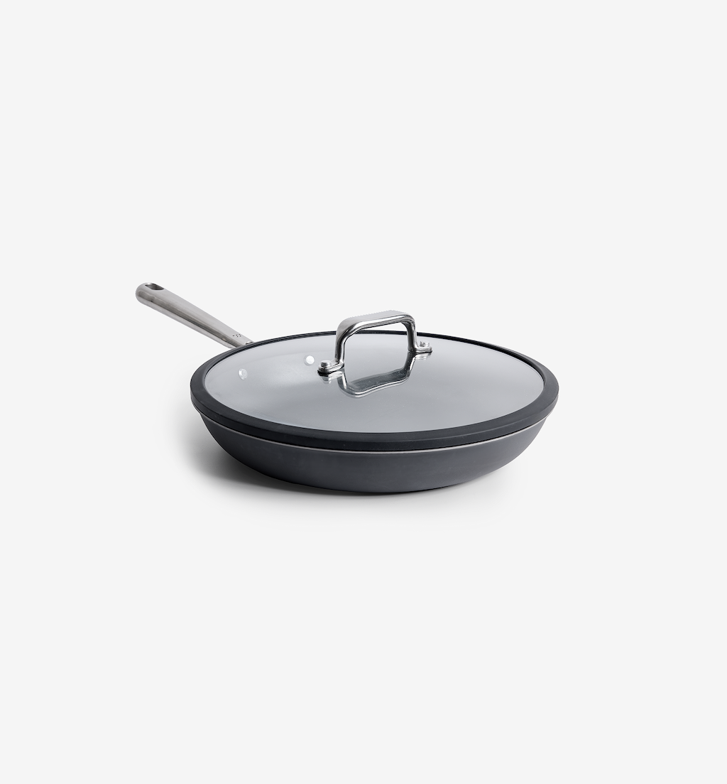 Hard-anodized nonstick frying pan with glass lid and stainless steel handle