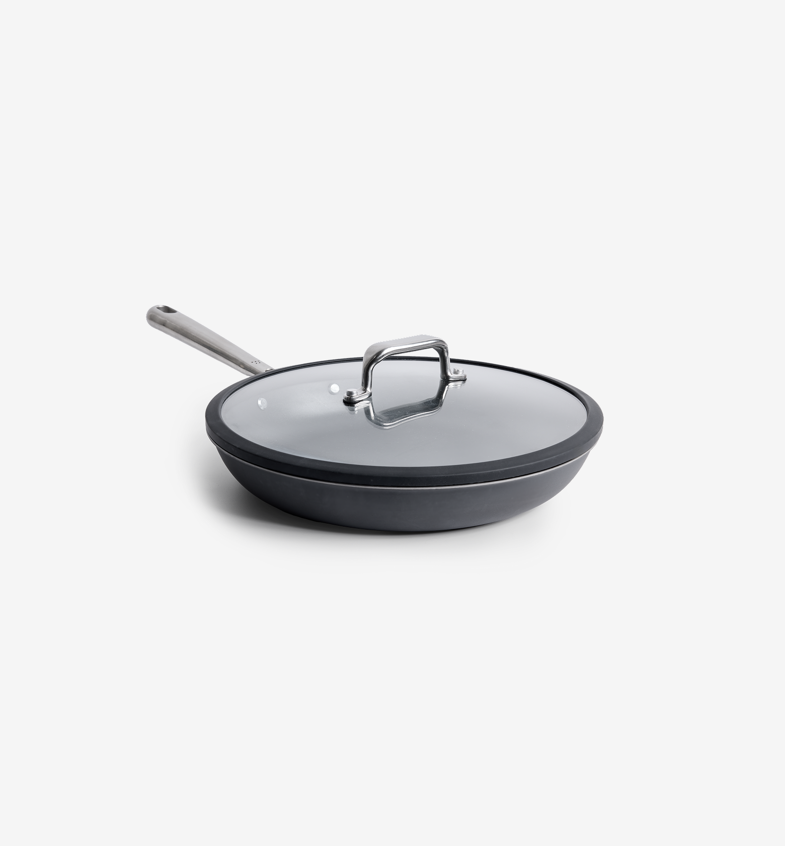 Hard-anodized nonstick frying pan with glass lid and stainless steel handle