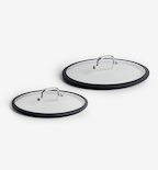 Glass cookware lids with silicone rim and stainless steel handle, set of two sizes