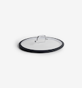 Glass pan lid with black silicone rim and stainless steel handle