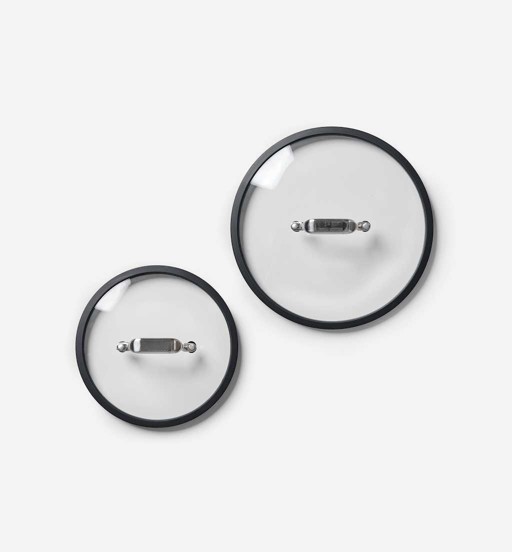 Glass pot lids with stainless steel handles and silicone rims, two sizes