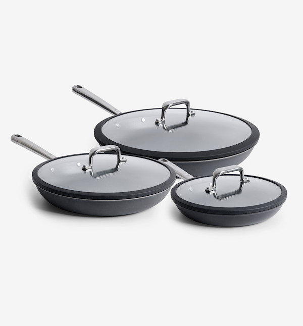 3-piece nonstick ceramic cookware set with glass lids in dark gray