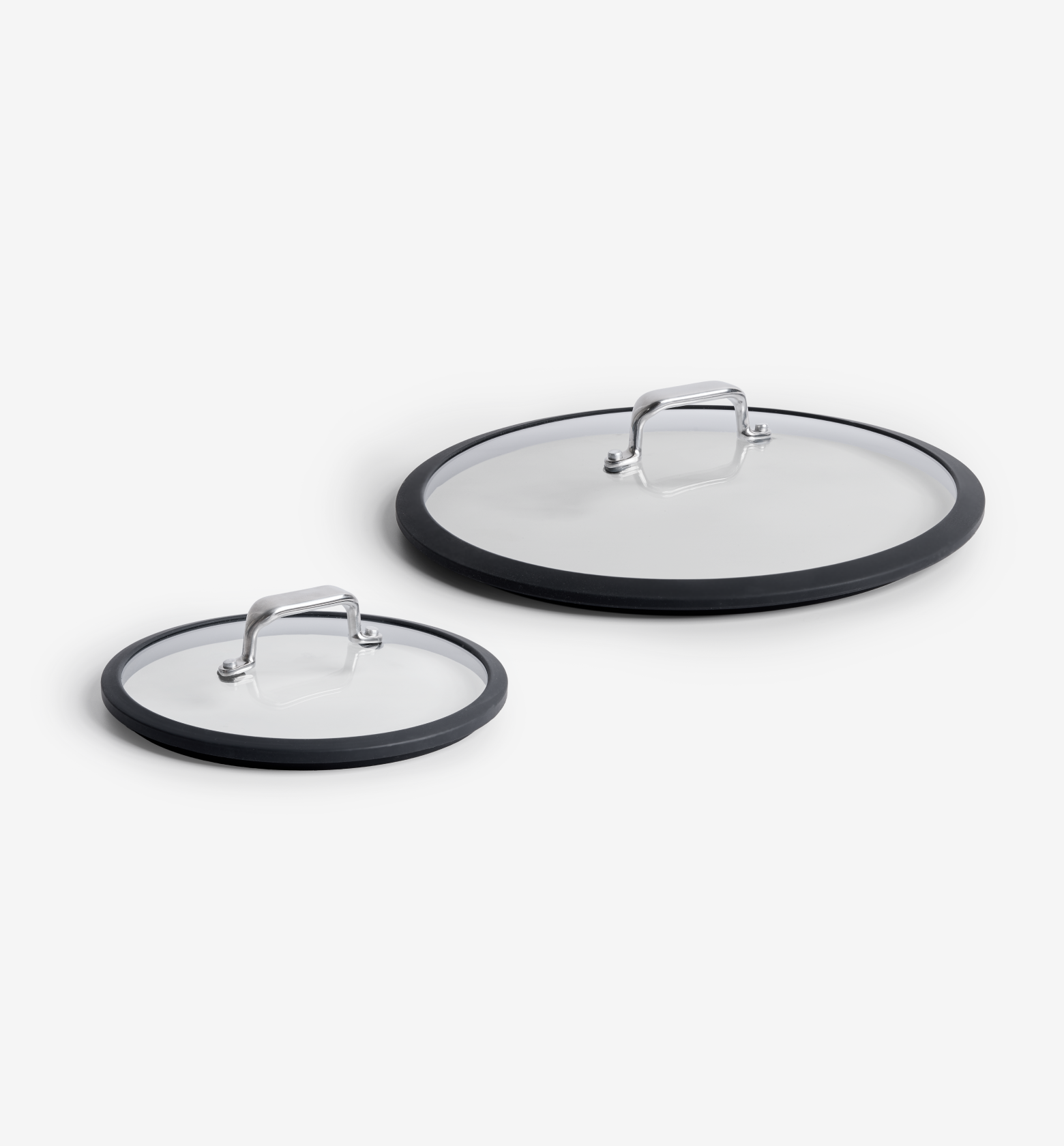 Glass cookware lids with silicone rim and stainless steel handle, two sizes