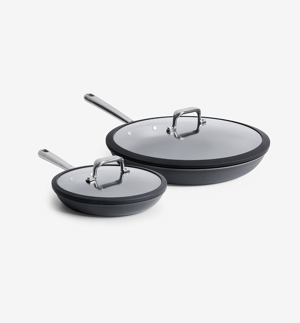 Hard-anodized nonstick skillet set with glass lids in two sizes