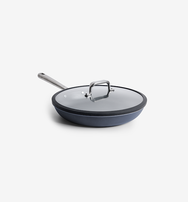 Hard-anodized nonstick frying pan with glass lid and stainless steel handle