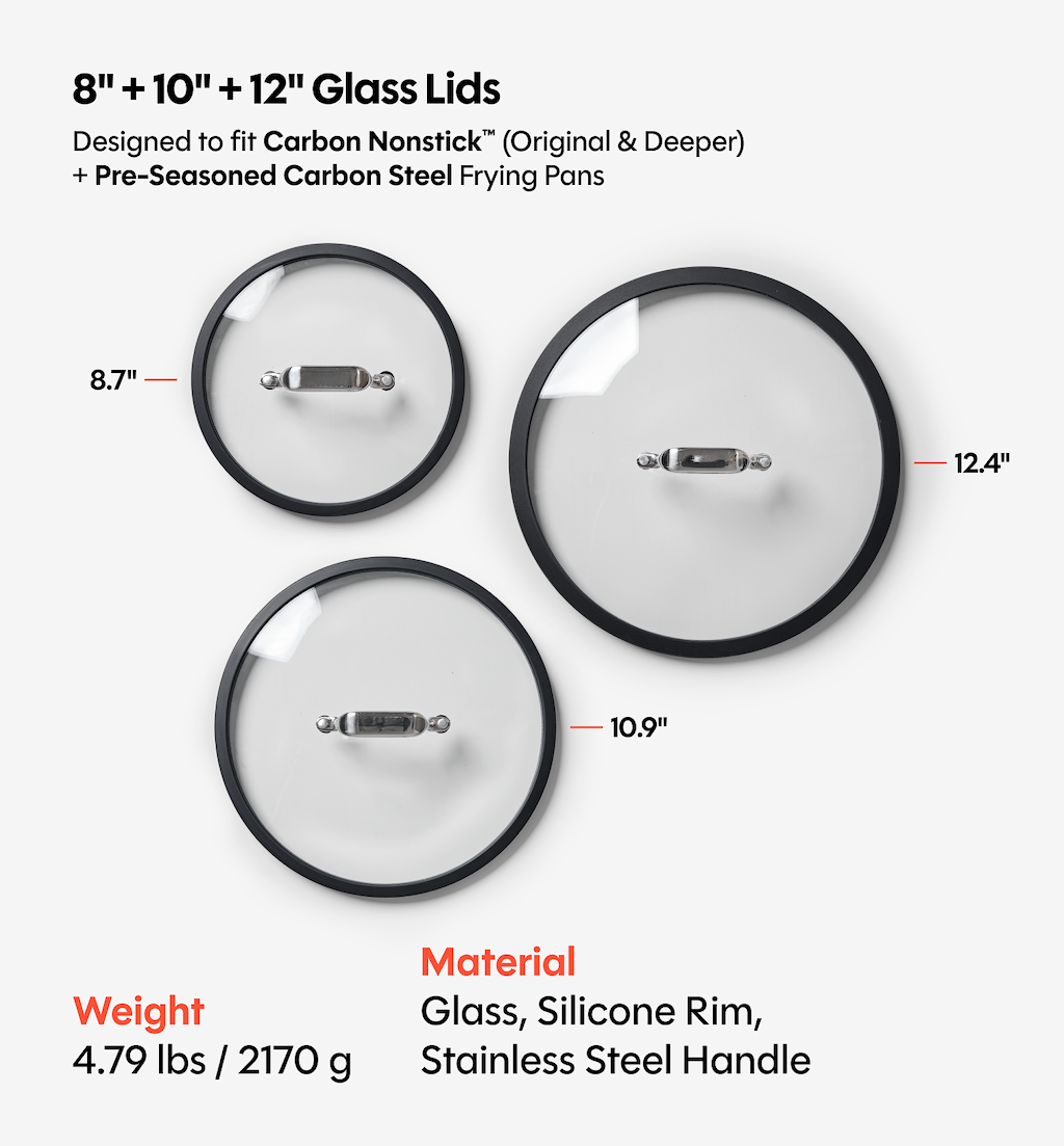 8” + 10” + 12” Pre-Seasoned Carbon Steel Pan + Glass Lids