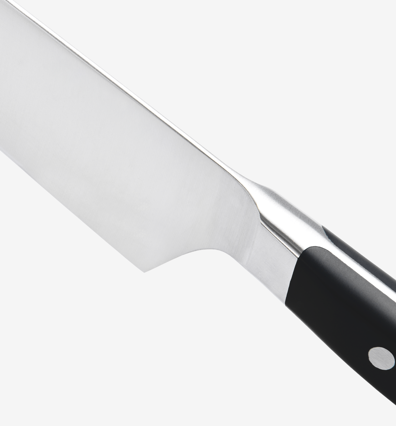 Professional chef's knife with stainless steel blade and black handle close-up