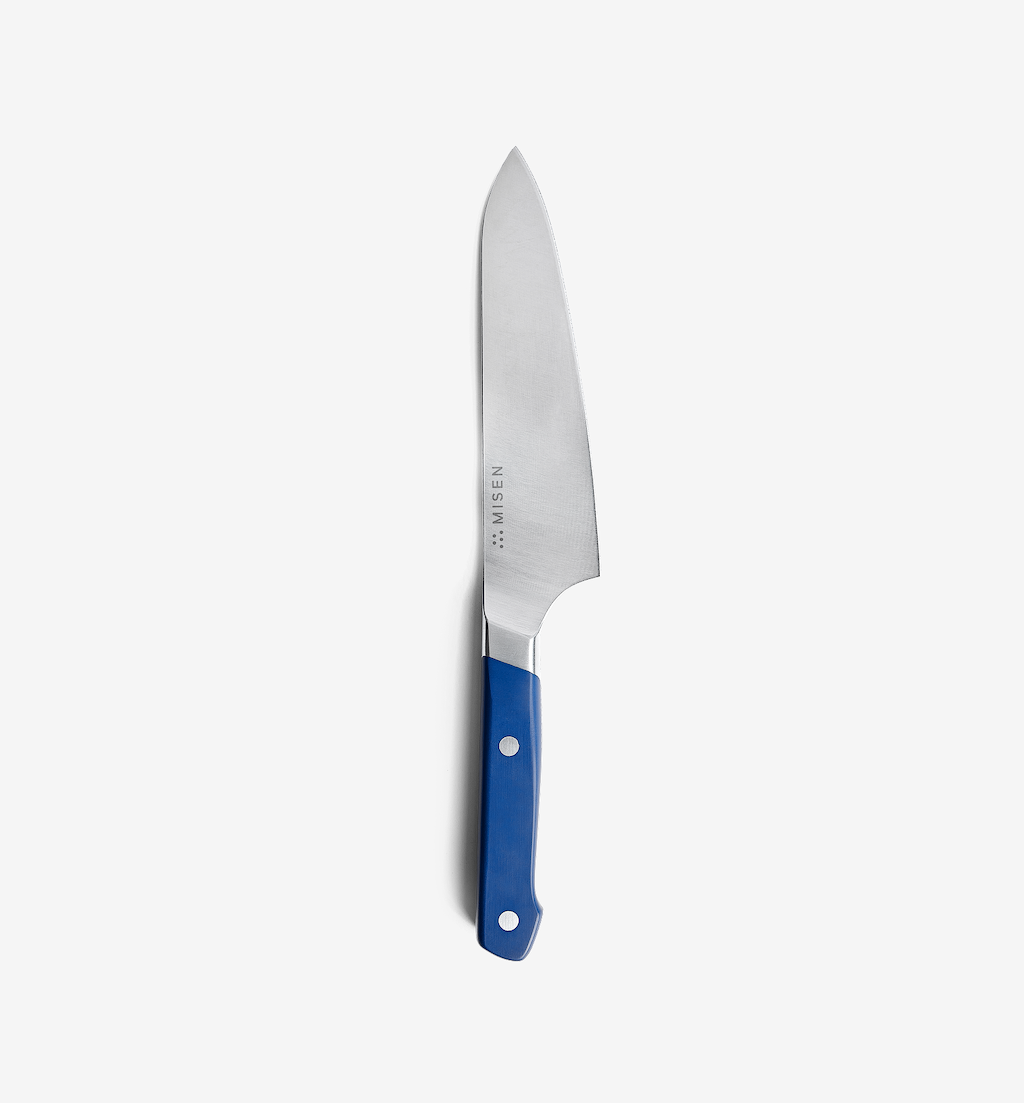 Misen 8-inch chef's knife with blue handle and stainless steel blade