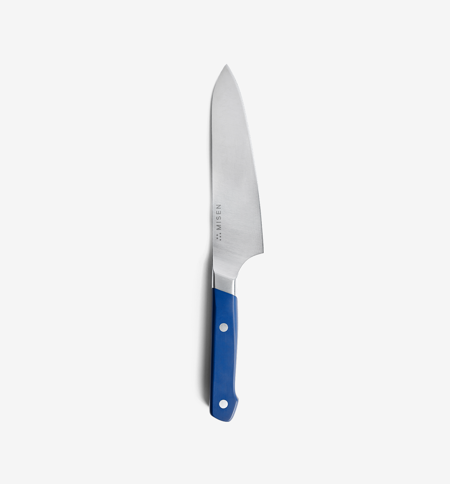 Misen 8-inch chef's knife with blue handle and stainless steel blade