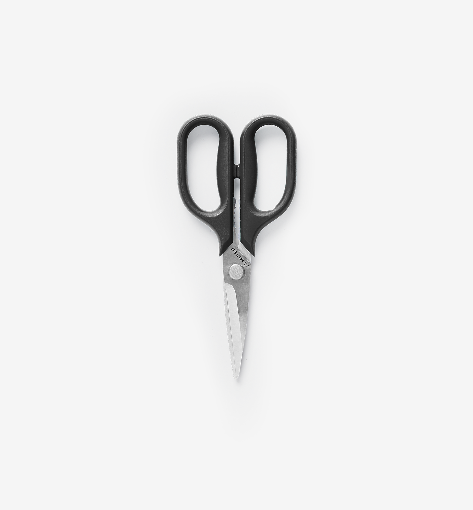 Misen kitchen scissors with black handles and stainless steel blades