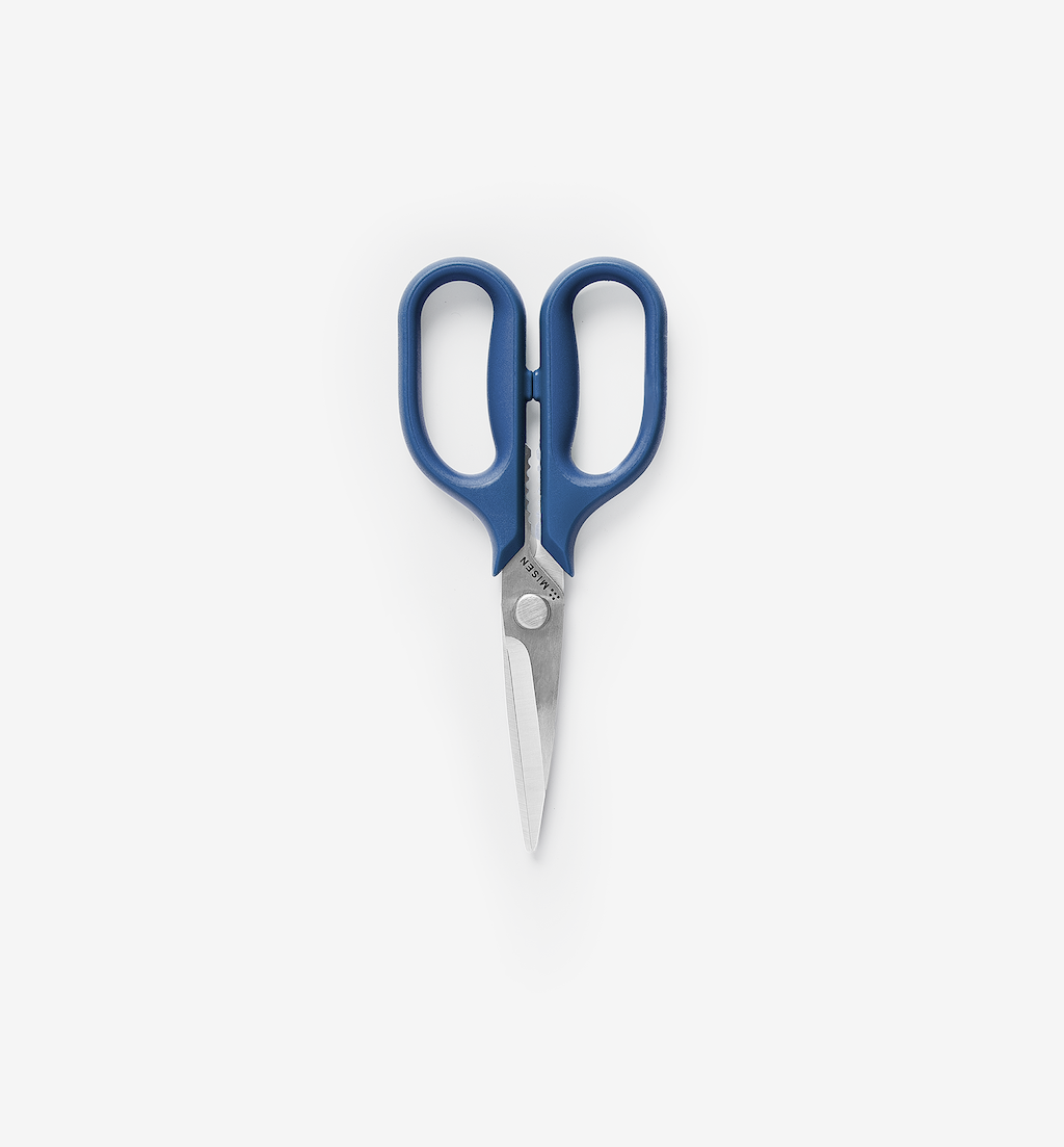 Misen kitchen shears with blue handles and stainless steel blades