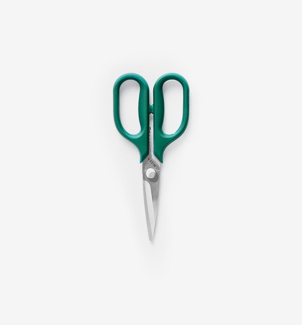 Misen kitchen scissors with teal green handles and stainless steel blades