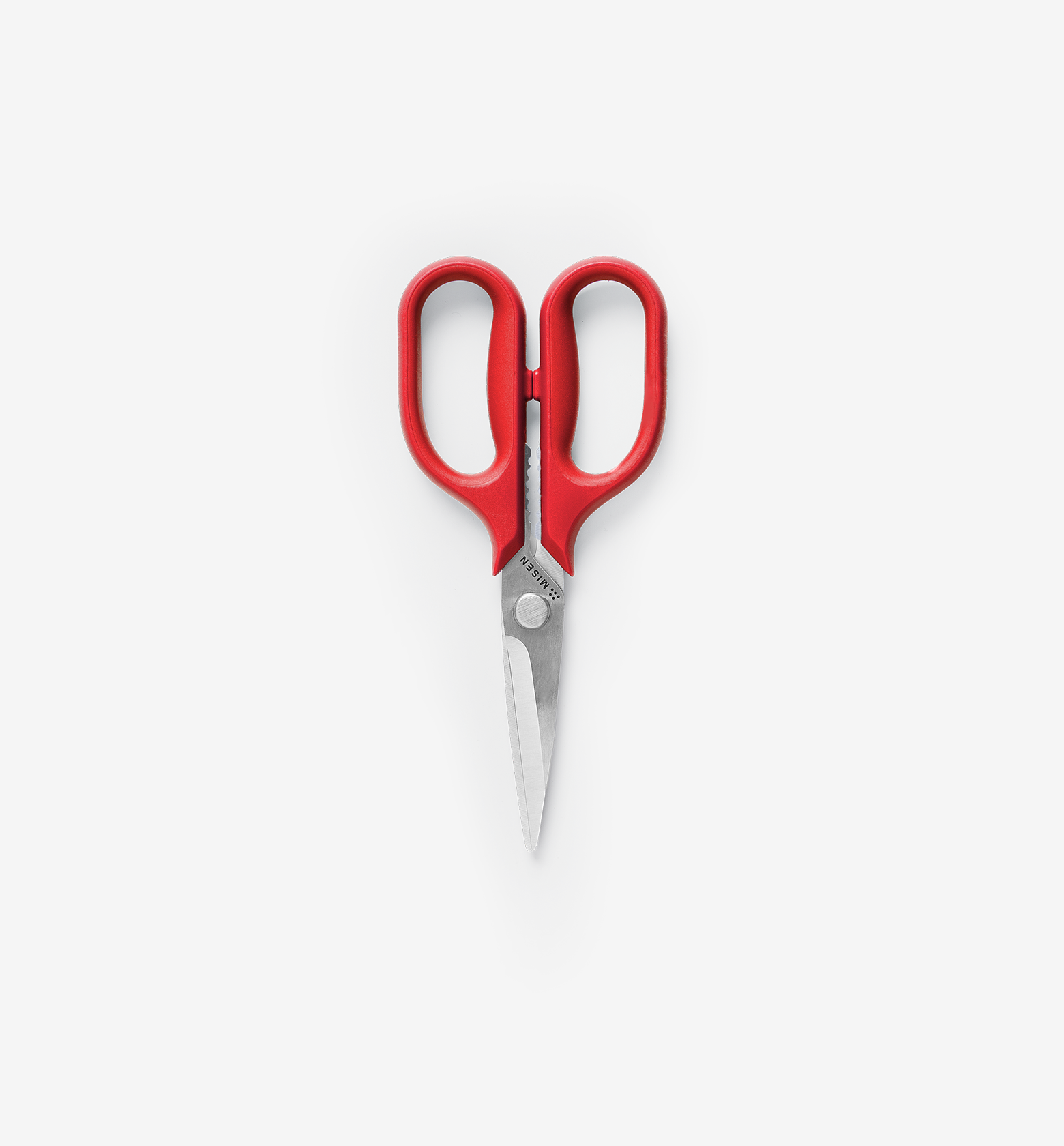 Misen kitchen shears with red handles and stainless steel blades