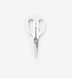 Misen kitchen shears with white handles and stainless steel blades