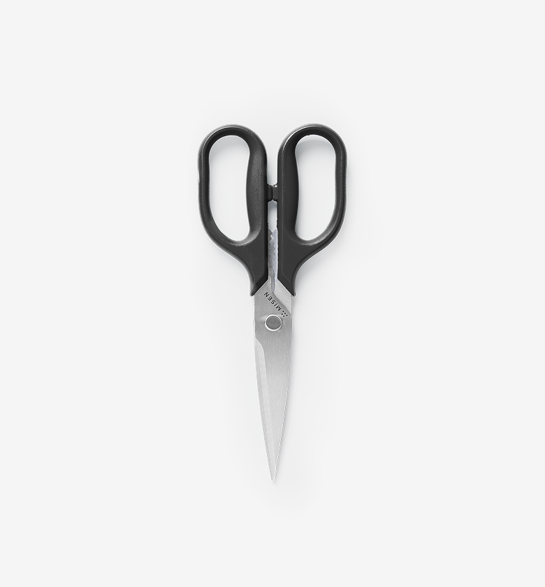 Misen kitchen scissors with black handles and stainless steel blades