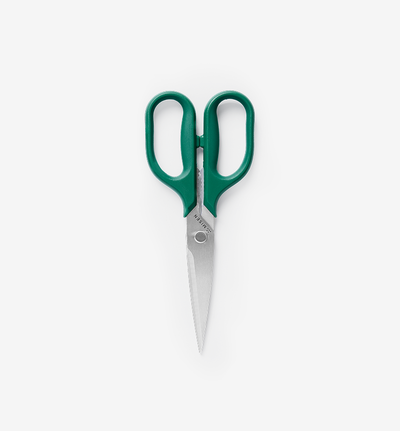 Misen kitchen scissors with green handles and stainless steel blades