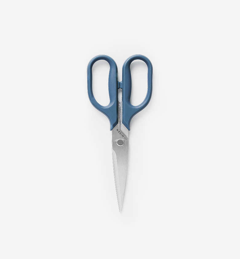 Misen kitchen scissors with blue handles and stainless steel blades