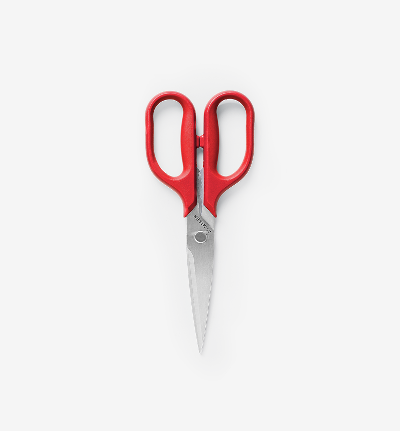 Misen kitchen scissors with red handles and stainless steel blades