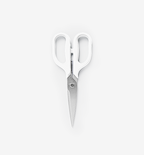 Misen kitchen scissors with white handles and stainless steel blades