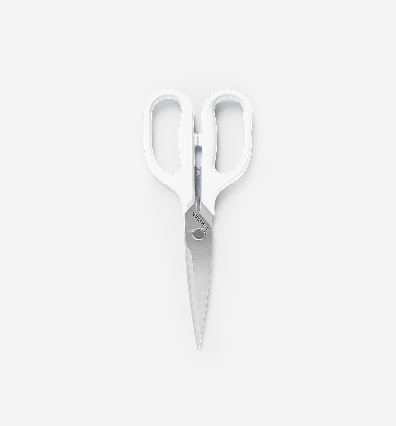 Misen kitchen scissors with white handles and stainless steel blades
