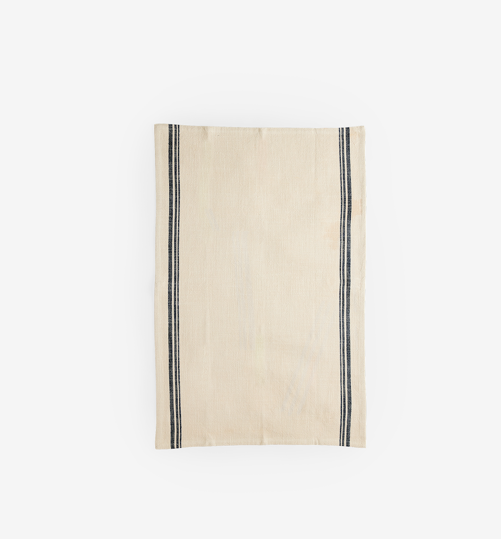 Cream linen kitchen towel with navy blue stripes