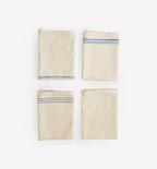 Set of four folded linen kitchen towels with blue stripe detail