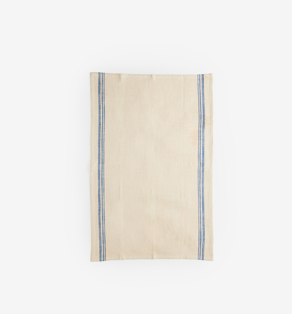 Cream linen tea towel with blue stripe detail, French country style kitchen towel