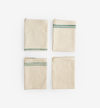 Set of 4 natural linen kitchen towels with green stripe detail, folded flat lay