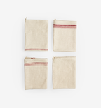 Set of 4 natural linen kitchen towels with red stripe detail