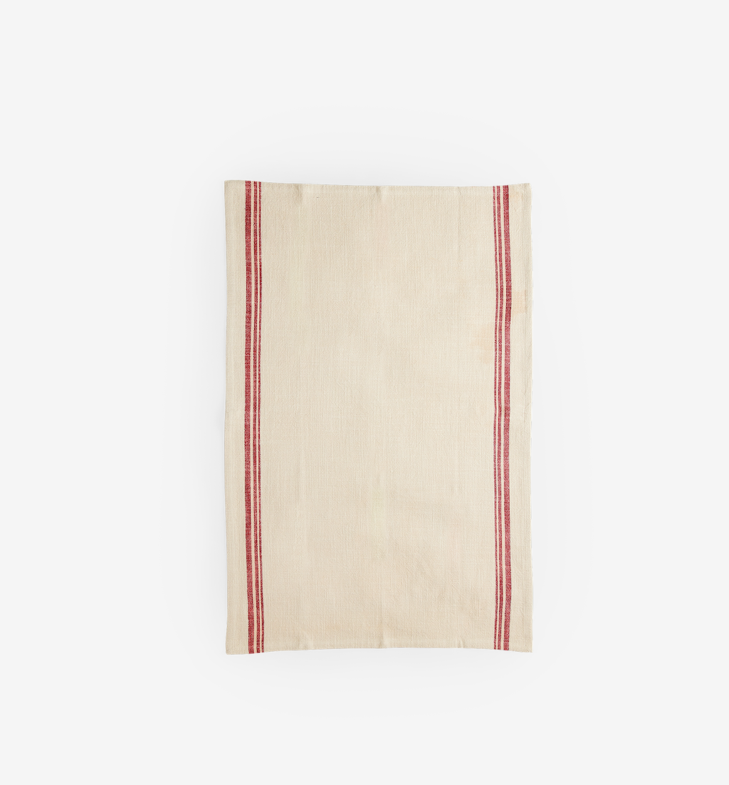 French linen kitchen towel with red stripes on cream background