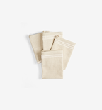 Set of four folded natural linen kitchen towels with white stripe detail