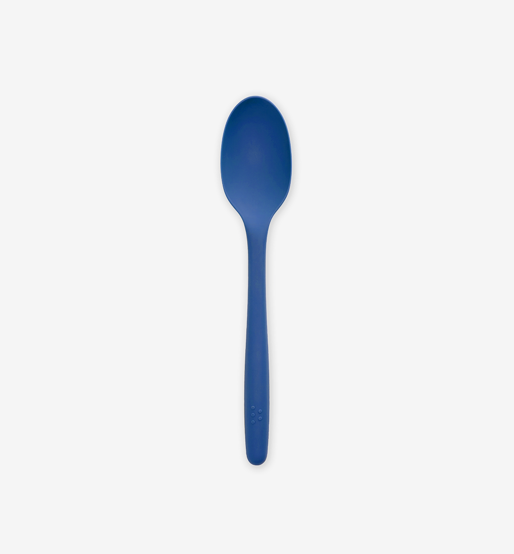 Blue silicone cooking spoon with ergonomic handle