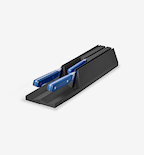 Knife drawer organizer block with blue-handled kitchen knives stored in slots