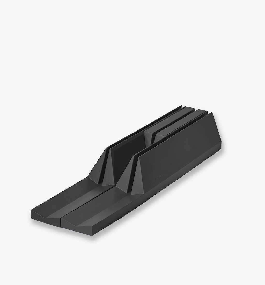 Black multi-slot desktop stand organizer with triangular dividers for tablets and devices