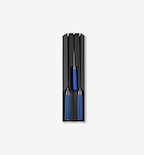 Three-piece chisel set with blue handles stored in black foam organizer tray
