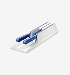 White in-drawer knife block organizer holding two blue-handled kitchen knives