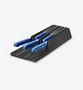 Black in-drawer knife organizer holding four blue-handled kitchen knives