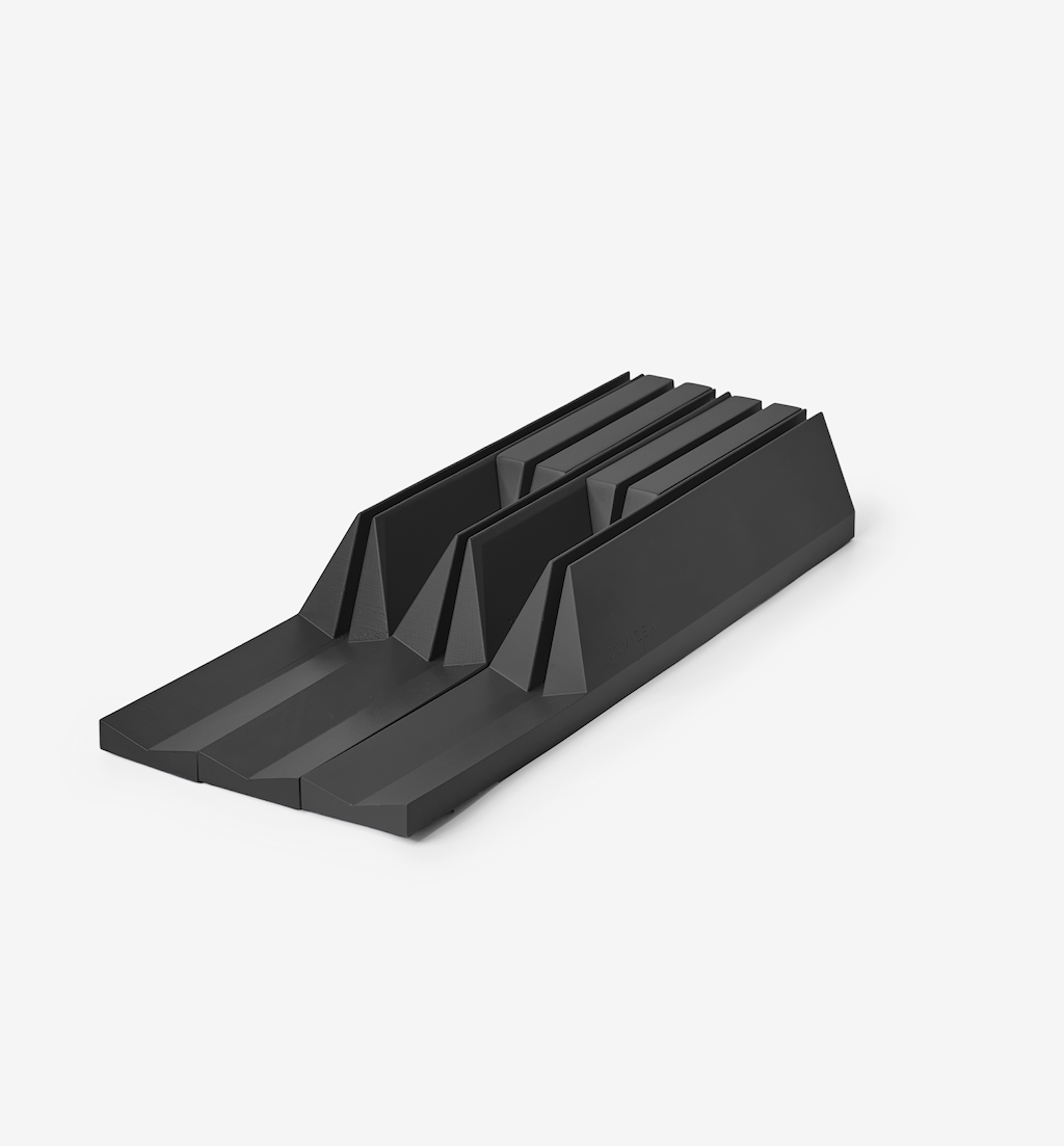 Black knife block organizer with 5 angled slots for drawer storage