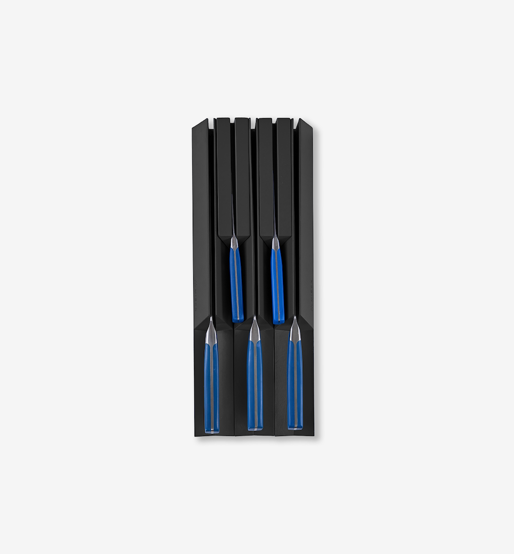 4-piece steak knife set with blue handles in black storage block