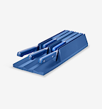 Blue knife drawer organizer block holding five matching blue-handled kitchen knives