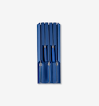 Blue steak knife set stored in matching blue knife block organizer