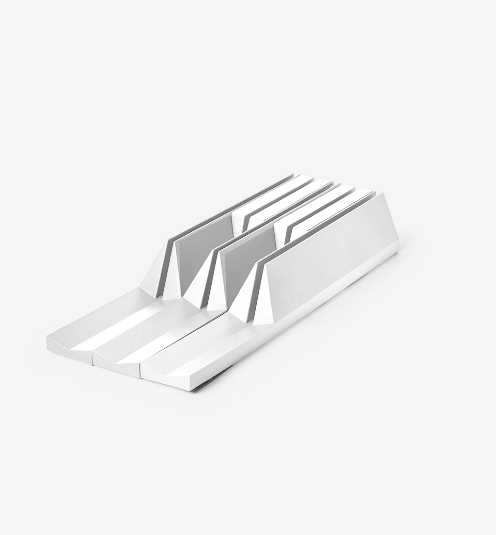 White aluminum multi-device charging stand with five slots for tablets and laptops