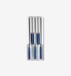Set of four steak knives with blue handles stored in a stainless steel knife block drawer organizer