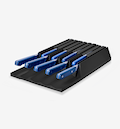 Steak knife set with blue handles in black drawer organizer tray