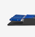 Misen steak knife set with blue handles in black drawer organizer tray