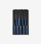 Set of steak knives with blue handles stored in black knife block organizer