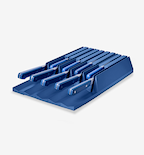Blue knife set with matching drawer storage block holding multiple kitchen knives