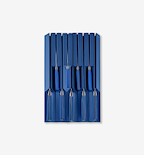 Blue knife block set with stainless steel knives and blue handles organized in slots
